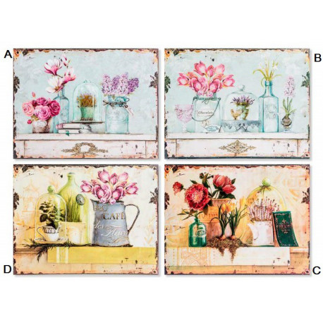 Tableau métal Fleurs dans vase décor rétro 