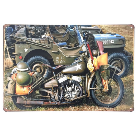 Plaque murale métal Véhicule militaire ancien - Jeep et moto armée - 30 x 20 cm